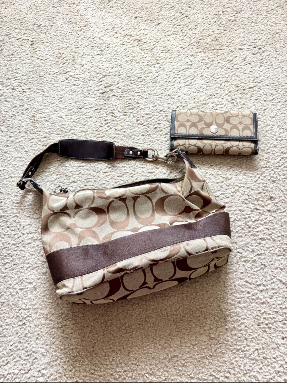 Coach Beige and Brown Signature Logo Shoulder Bag with Wallet